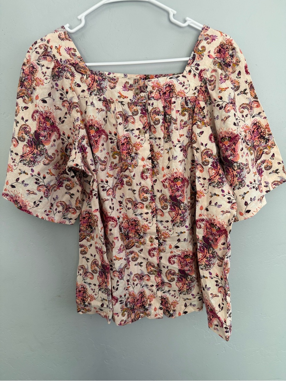 AFF Cream Paisley Square-Neck Blouse with Pink and Orange Floral Accents